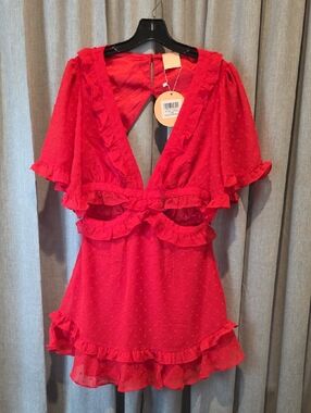 Sage + Paije "Sprung In Love" Red Ruffle Mini Dress with Cutout Detail